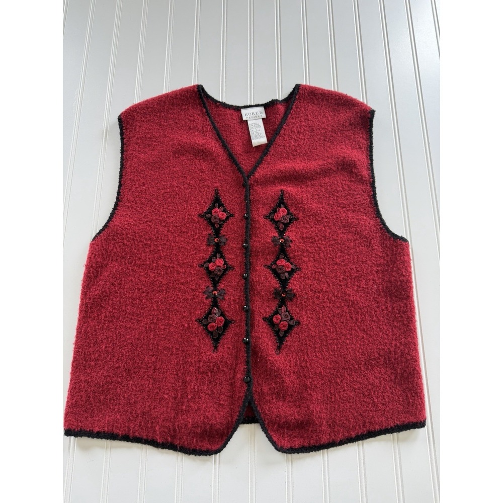 Vintage Koret Petites Sweater Vest L Red Floral Velvet Rose Cottagecore 90s
